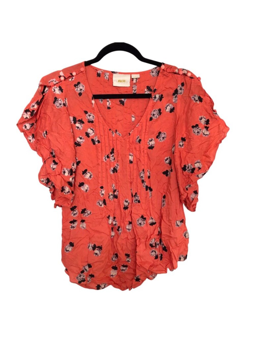 Maeve Coral Floral Pintuck V-Neck Ruffle Sleeve Blouse 2